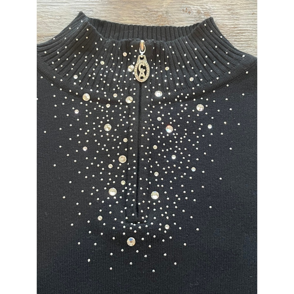Christine Alexander Black Rhinestone Mock Neck Quarter Zip Knit Sweater Small